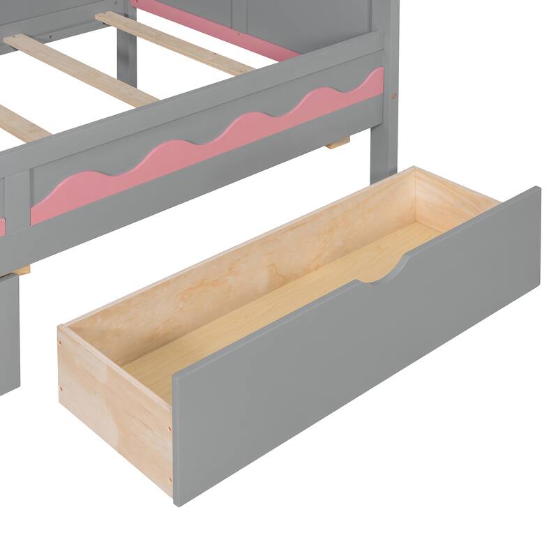 Twin Over Twin Bunk Bed with Stairs, LED Lights, Storage Drawers, House Shaped Wood Loft Bed with Guardrail