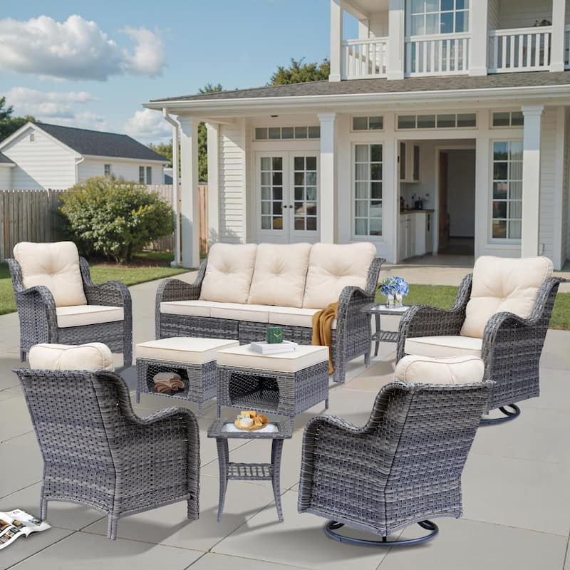 9 Piece Outdoor Wicker Patio Conversation Furniture Swivel Chairs Sets - Beige-Gray Rattan