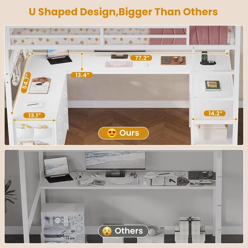 Loft Bed with Full Size U-Shaped Desk 6 Drawers Power Outlet 2 Storage Shelves