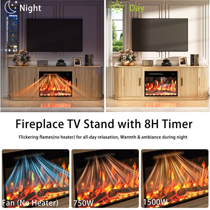BOSSIN 70" Electric Fireplace TV Stand with Fluted Design, Curved Edges, 7 Flame Colors & 8H Timer, Holds Up to 80" TV, Black