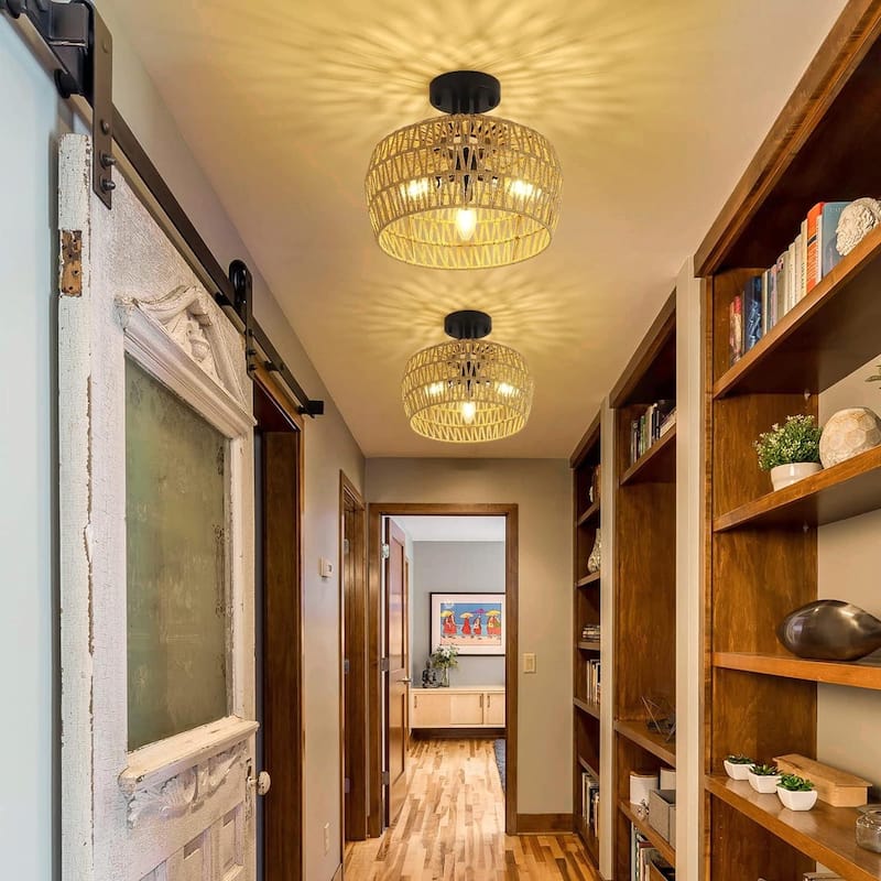 Boho Rattan Semi Flush Mount Ceiling Light - 3-Light, 360° Ample Light, E12 Socket