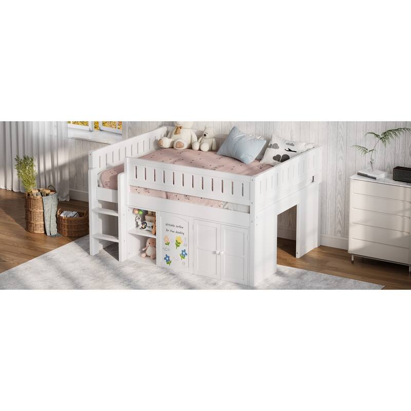 Roomfitters Full Size Loft Bed with Storage Cabinet, Open Shelves and Chalkboard Panel