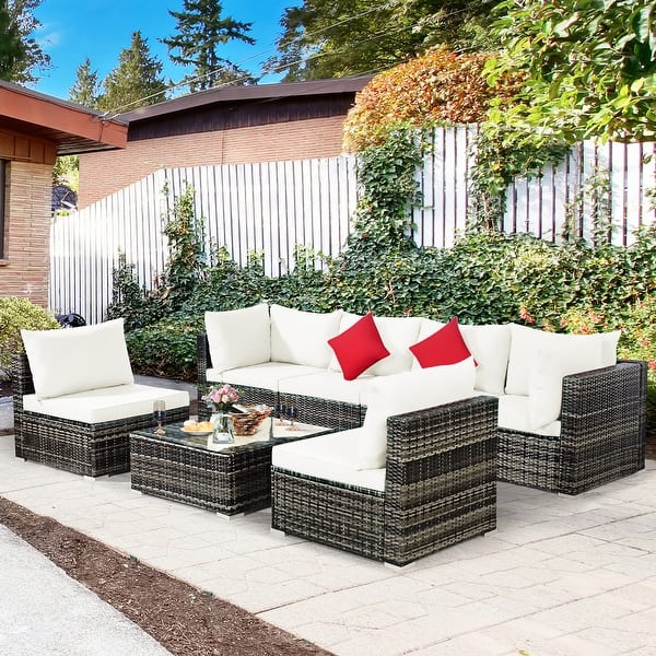 slide 2 of 13, 7 PCS Patio Furniture Set Sectional Rattan Sofa Set with Coffee Table