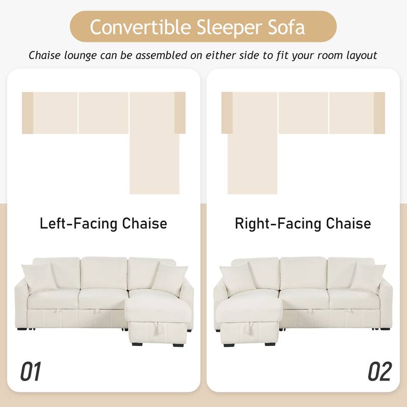 90" L-Shaped Sectional Sleeper Sofa - Reversible Storage Chaise, Drop-Down Center Console, Modular Living Room Couch