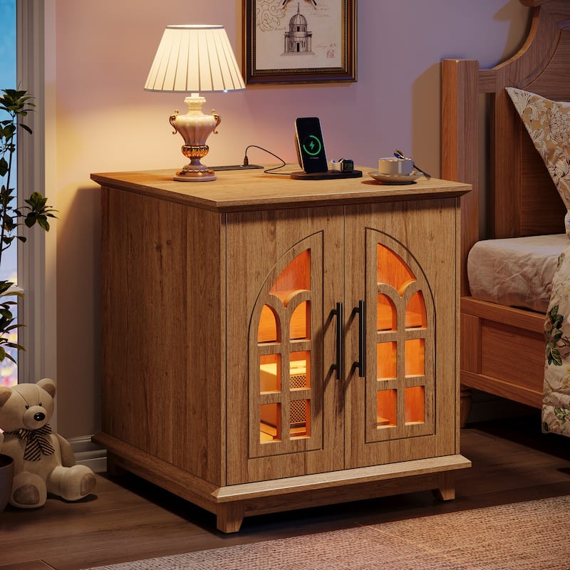 Farmhouse End Table with Charging Station & LED Light - Natural