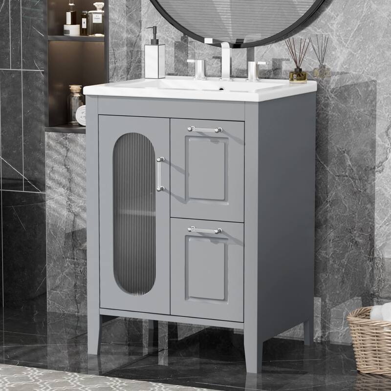 24" Black Bathroom Vanity with Sink - Solid Wood & MDF, Moru Glass Door, 2 Drawers, Adjustable Shelf - 24 in ,Grey ,Solid Wood+MDF - Grey