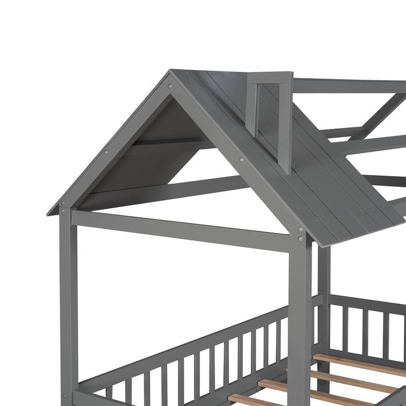 Pine House Platform Bed with Roof and Fence