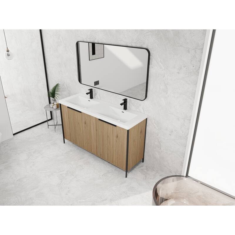 59-inch Double Sink Bathroom Vanity with Adjustable Shelves, Soft-Close Hinges, Resin Basin