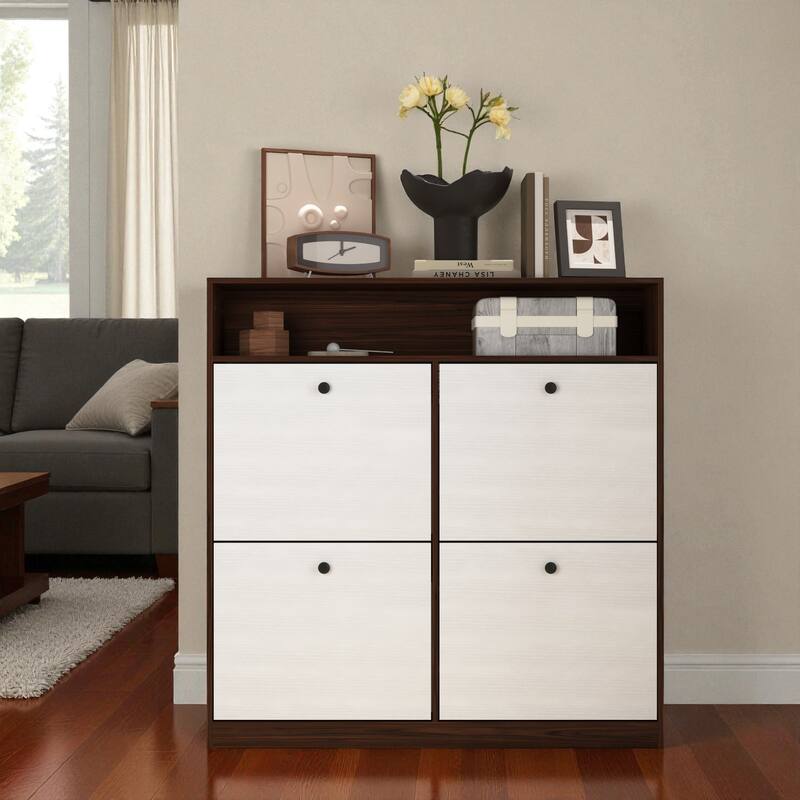 39.4" Shoe Storage Cabinet with 4 Flip Drawers, Large Freestanding Entryway Shoe Organizer with Wooden Handles and Anti-Tip Kit - Walnut