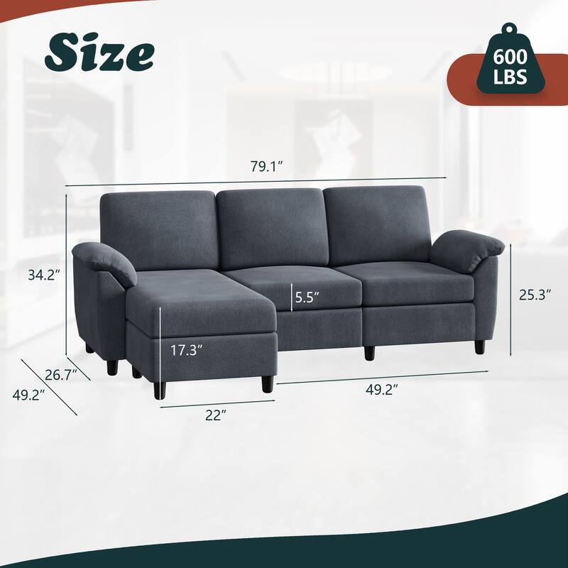 Futzca ​79" Convertible Sectional Sofa Couch, 3 Seat L Shaped