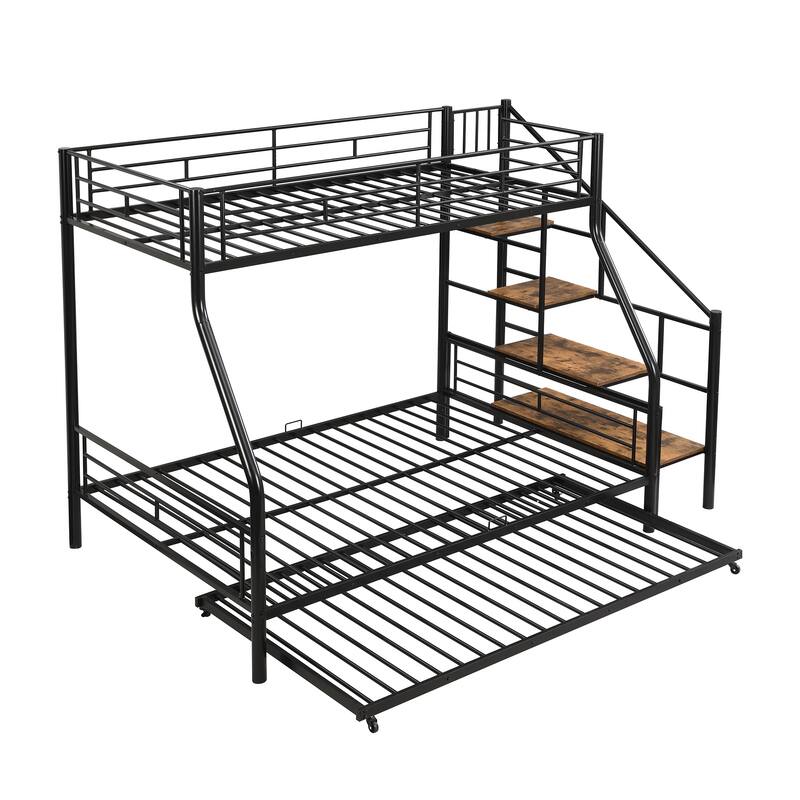 Twin over Full Metal Bunk Bed with Trundle, Storage Stairs, Black