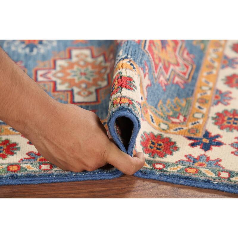 Hand Knotted Oriental 100% Wool Carpet Traditional Geometric Navy Blue & Blues Kazak Area Rug - 3' 1'' X 1' 11''