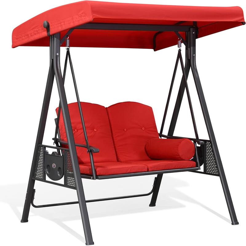 PURPLE LEAF Outdoor Red Patio Porch Swing with Stand, Chair with Adjustable Tilt Canopy All-Weather Steel Frame for Backyard