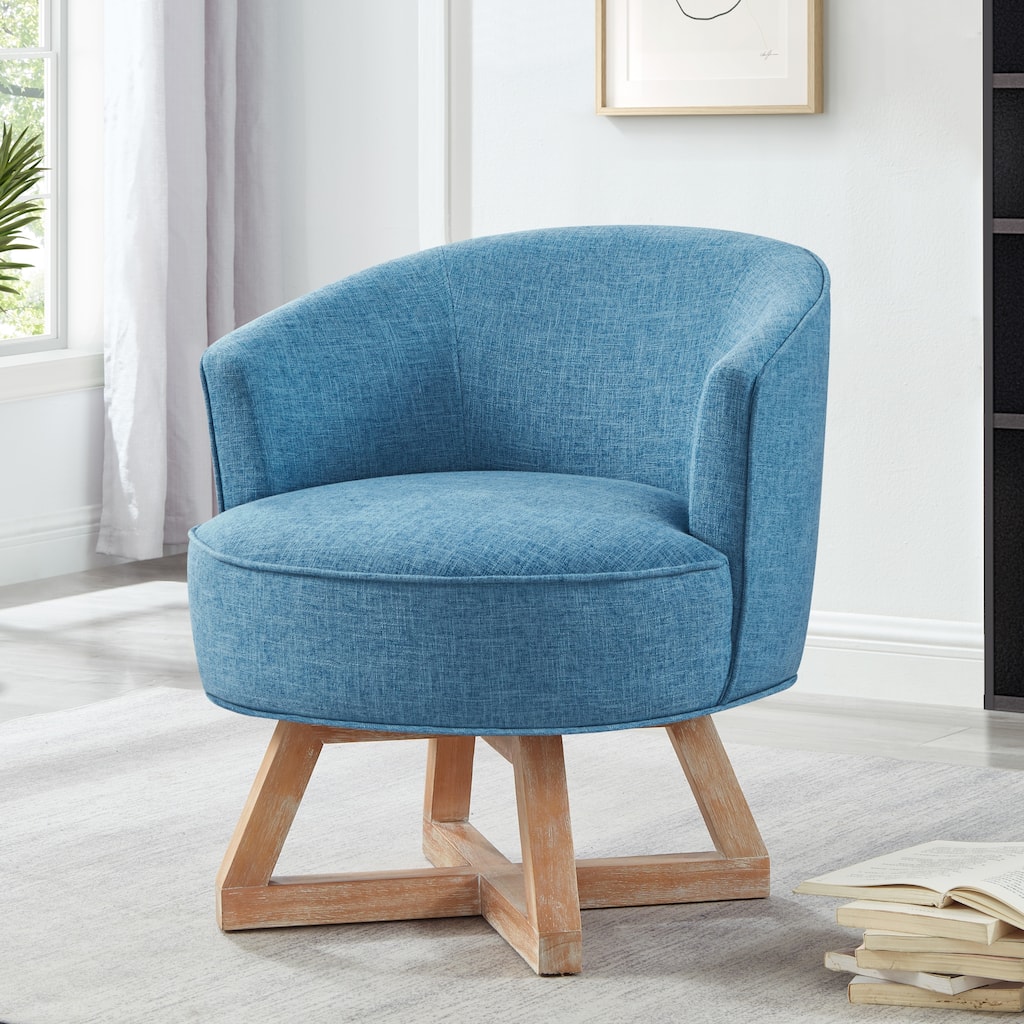 Light Blue Modern 27" Linen Upholstered 360° Swivel Barrel Chair with Cross-Shaped Base and Solid Wood Legs