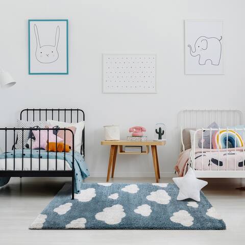 Kids Area Rug Blue Cream Clouds