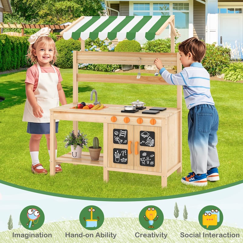 Gymax Kids Mud Kitchen Outdoor Wooden Pretend Play Kitchen w/ 4