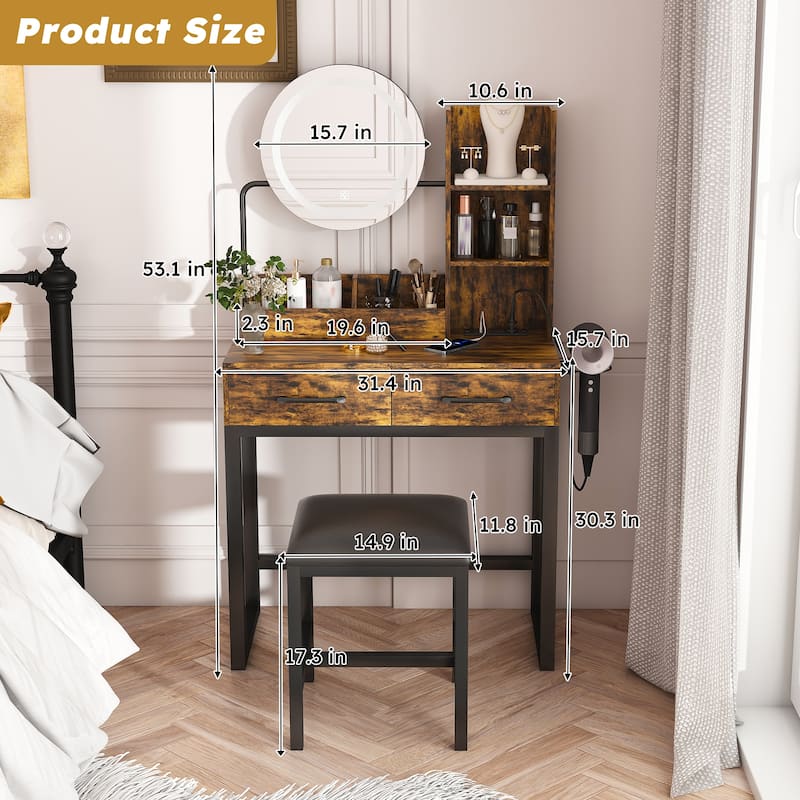 LED Makeup Vanity with Power Outlet - 3-Color Lights, 2 Large Drawers & Metal Chair, Dressing Table for Bedroom