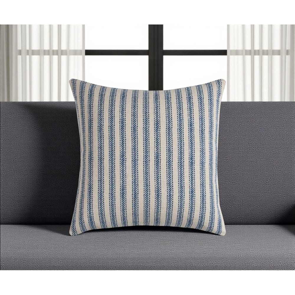 HomeRoots 20" Blue And Natural Ticking Stripe Cotton Throw Pillow