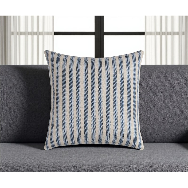 HomeRoots 20" Blue And Natural Ticking Stripe Cotton Throw Pillow