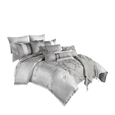 12 Piece Queen Polyester Comforter Set with Medallion Print, Platinum Gray