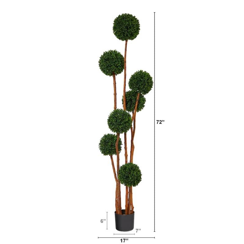 Bohemian Ball Topiary Tree - 6ft Artificial Tree with Natural Trunk, UV Resistant Indoor Outdoor Decor - Green - 51-60 Inches