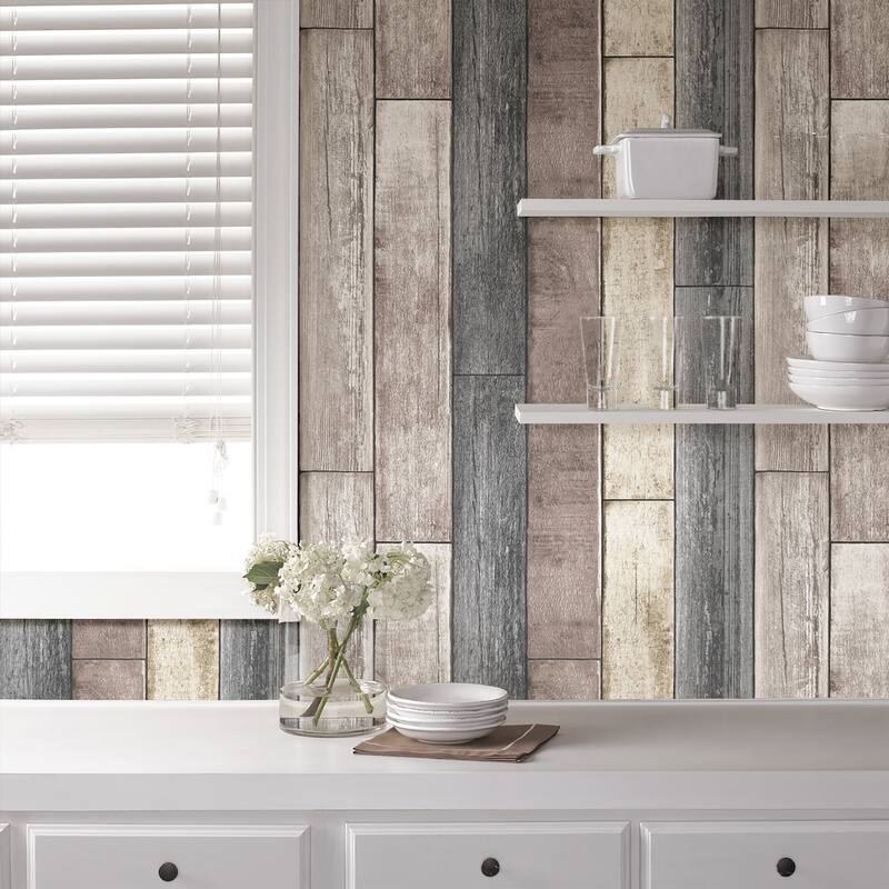 NuWallpaper Reclaimed Wood Plank Natural Peel & Stick Wallpaper - 216in x 20.5in x 0.025in
