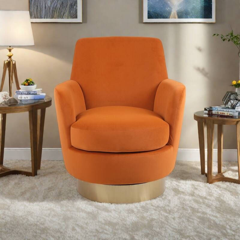 Velvet Swivel Barrel Chair with Gold Stainless Steel Base, High-Density Foam and 360° Rotation - Orange