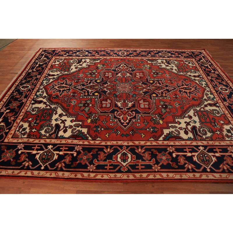 Orange Geometric Heriz Serapi Indian Area Rug Handmade Wool Carpet - 7'11"x 9'10"