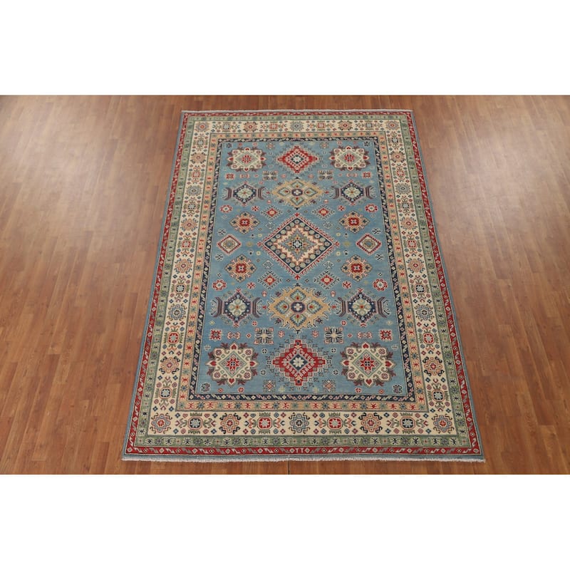 Light Blue Kazak Area Rug Handmade Oriental Wool Carpet - 6'8" x 9'10"