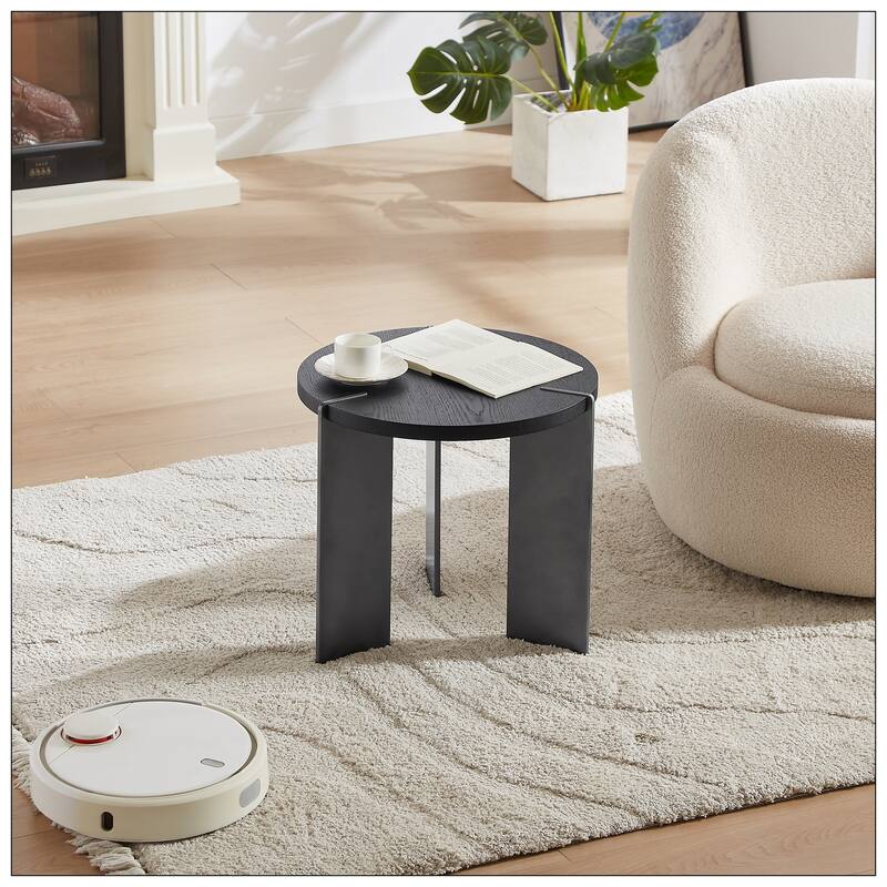 Round Coffee Table Black Oak Wood Surface and Black Metel Feet