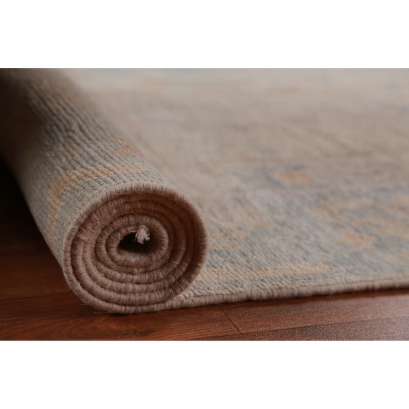 Hand Knotted Oriental 100% Wool Carpet Transitional All-Over Beige & Ivories Oushak Runner Rug - 12' 2'' X 3' 1''