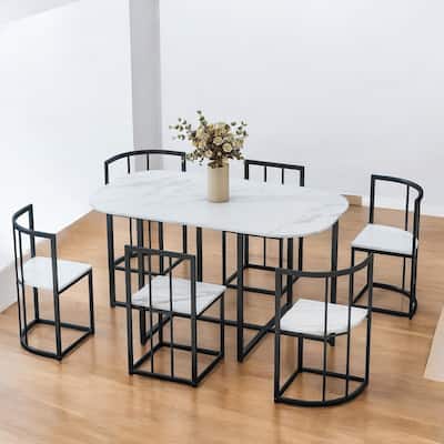 Modern 7-Piece Dining Set with Faux Marble 55" Compact Table and 6 Triangular Chairs for Small Spaces and Dining Room