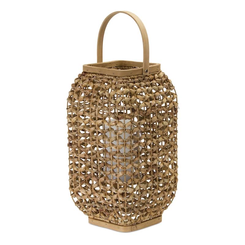 16" Natural Glass and Wicker Woven Floor Lantern Candle Holder - One Size