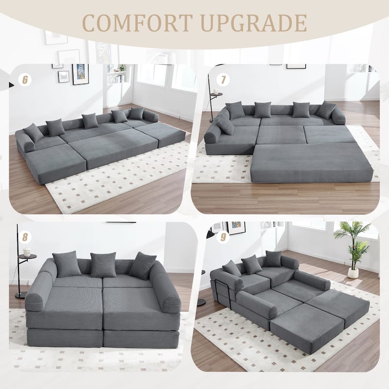 HOMEFUN Corduroy Upholstered Convertible Folding Sofa Bed with Fixed Frame and Pillow Back Handrail