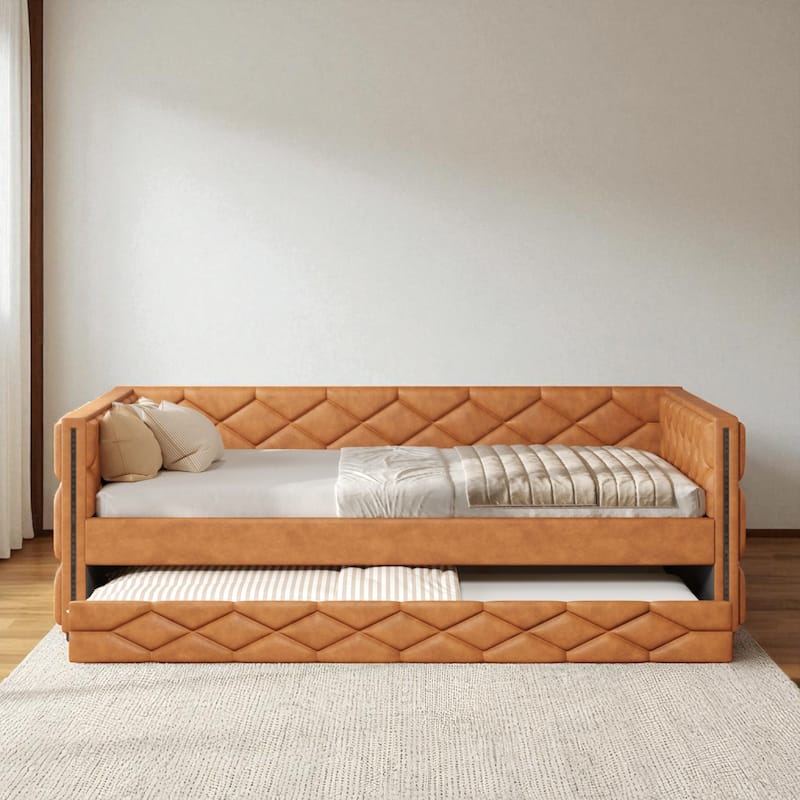 Full XL Upholstered Daybed with Trundle and LED Armrests, PU Leather Sofa Bed with Pull-Out Guest Bed