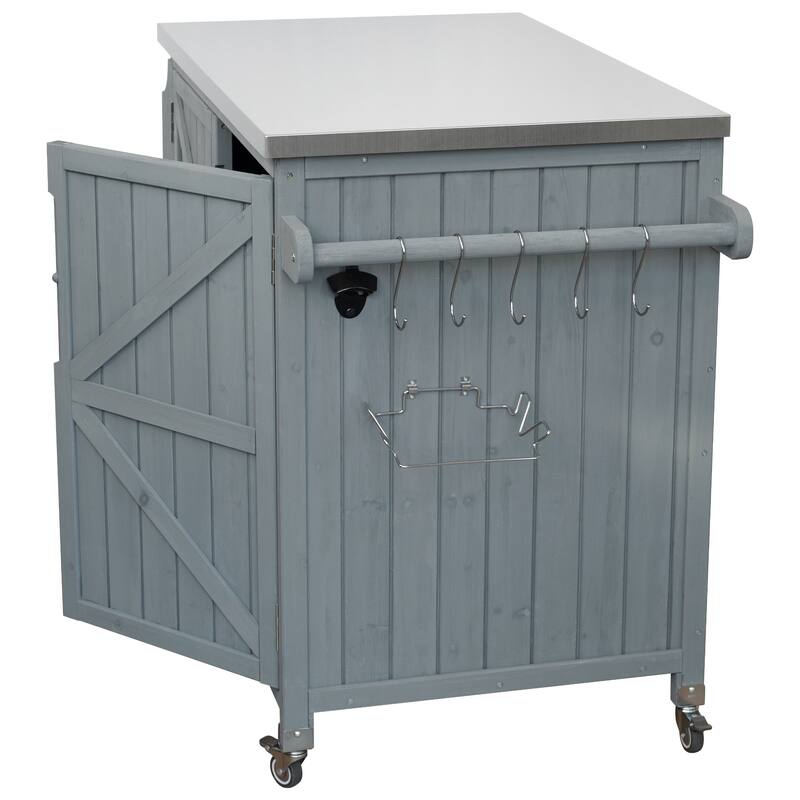 42.1" Outdoor Kitchen Island with Stainless Steel Top, Outdoor Grill Cart with Storage Cabinet and Adjustable Shelf