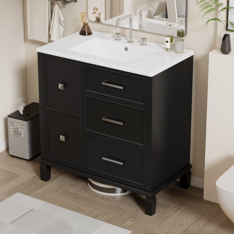 Bathroom Vanity with Ceramic Sink,Flip-Out Drawer Design - Black