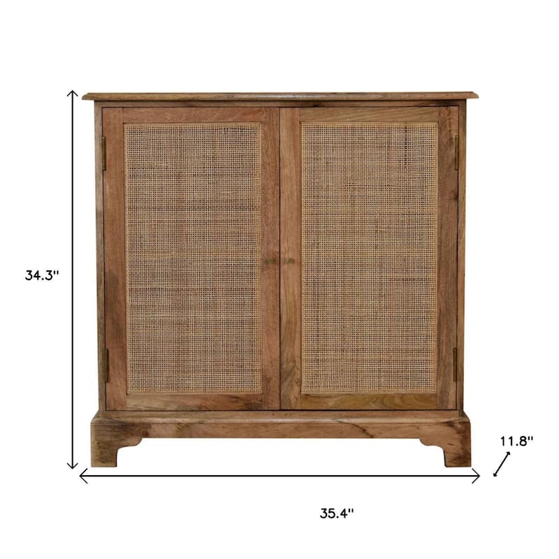 HomeRoots 34" Brown Solid Wood And Textured Rattan Accent Cabinet With Two Doors