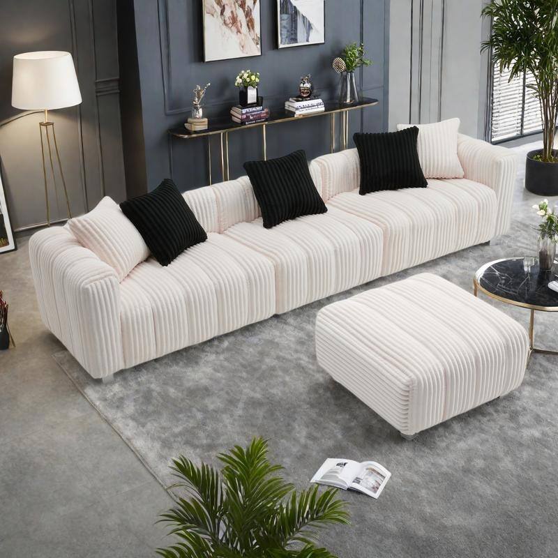 114.17" Corduroy 3-Seater Sofa with Ottoman, Solid Wood Frame and High-Density Foam Cushions - Milk White