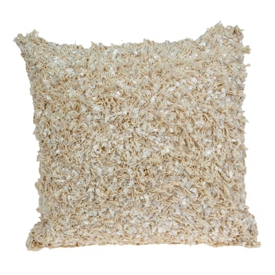 Hand Woven Solid Shag Square Throw Pillow - 18" - Beige and White