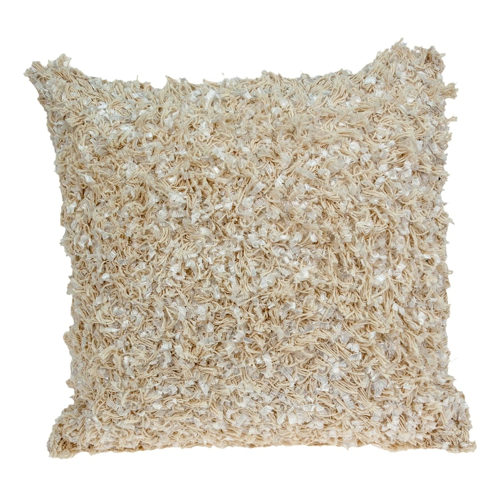 Hand Woven Solid Shag Square Throw Pillow - 18" - Beige and White