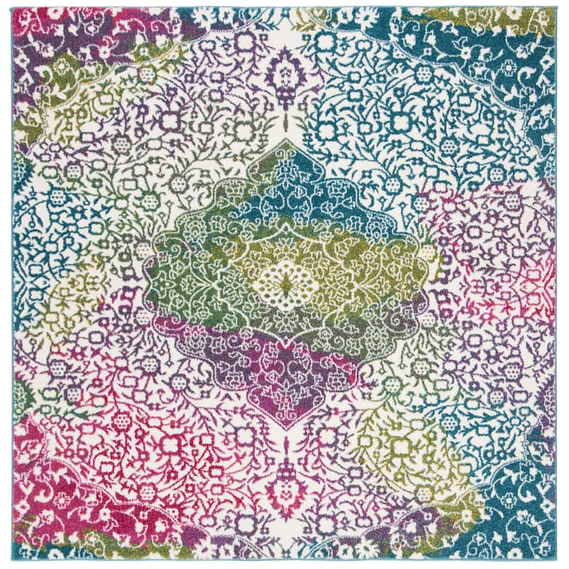 SAFAVIEH Watercolor Sierra Modern Abstract Medallion Rug - 5'3" Square - Ivory/Fuchsia