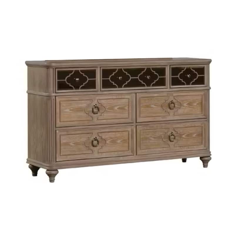 Lyla 7 Drawer Wide Dresser, Rustic Oak Solid Wood, Antique Mirror Panels