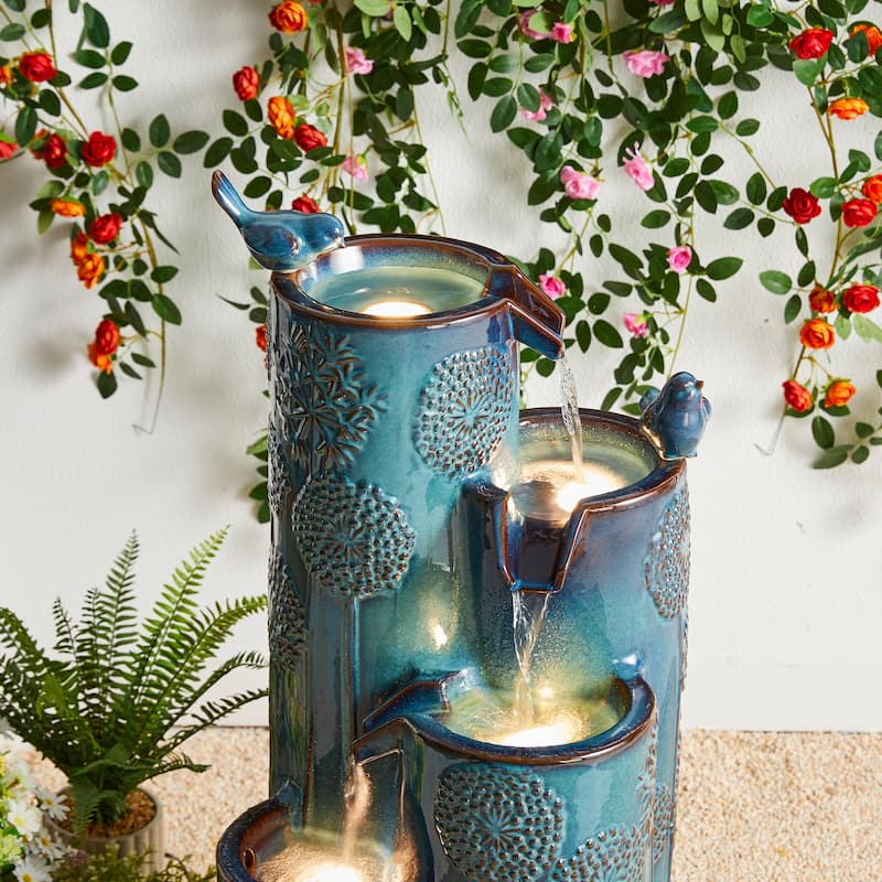 Glitzhome 31.75"H 4-Tier LED Vase-Shaped Ceramic Outdoor Floor Fountain with Birds/ Lotus