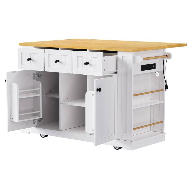 Kitchen Island with Drop Leaf,Power Outlet,Rolling Kitchen Cart on 5 Wheels for Kitchen,Dining Room(Not include bar stools)