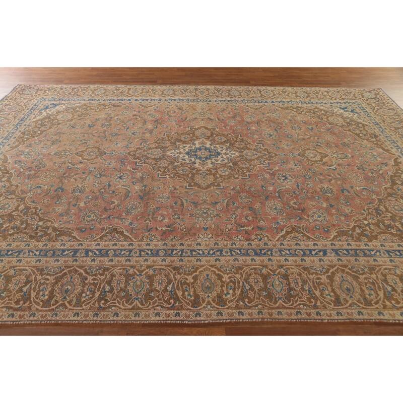 Traditional Pink Mashad Persian Vintage Rug Hand-Knotted Wool Carpet - 8'10"x 12'5"