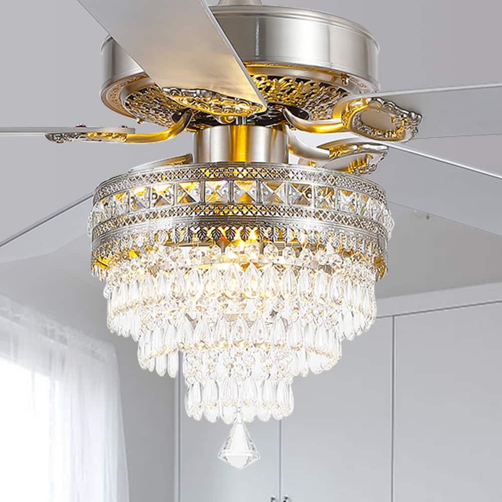 52"/62" Modern Crystal Chandelier Ceiling Fan Light,Reversible Airflow,E12 Bulbs,for Living Room Bedroom,Kitchen,Patio