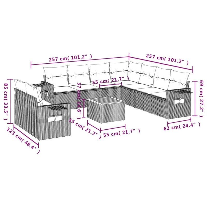 vidaXL Garden Sofa Set 10 Piece with Cushions Outdoor Sofa Set Poly Rattan - 21.7 x 21.7 x 14.6 in (W x L x H)