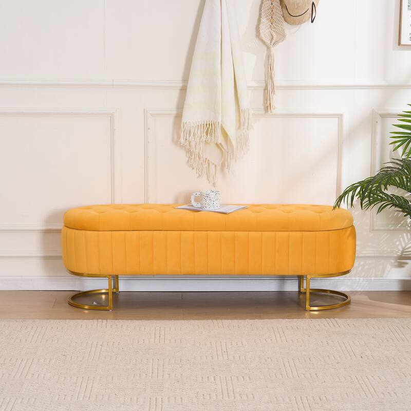 Velvet Storage Bench for Bedroom - Tufted-55" - MUSTARD
