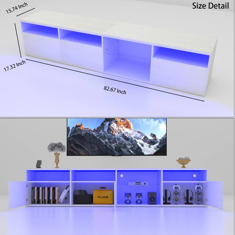 Modern 82.6" LED TV Console with Storage, RGB Lights, 31 Modes, and Remote Control for 75/80" TVs